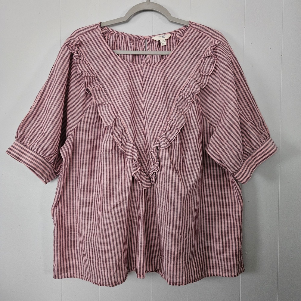 Terra & Sky Ruffle Blouse Womens 1X Pink Striped Cotton Short Sleeve Top